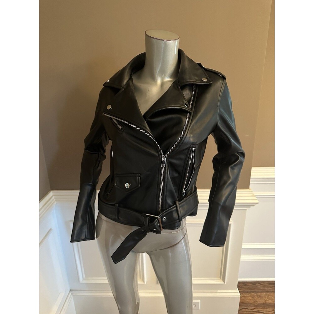 ZARA Faux Leather Belted Biker Jacket Black Sz M